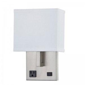 Hospitality Hotel Hand Wall Sconce with Brushed Nickel Finish and Half Rectangular Fabric Shade at Hotel Typical Guestroom