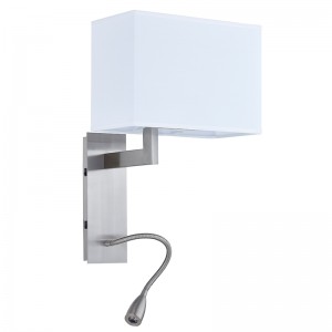 Hospitality Hotel Wall Sconce with Brushed Nickel Finish and Rectangular Fabric Shade at Hotel Typical Guestroom