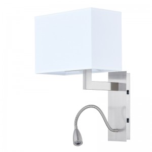 Hospitality Hotel Hand Wall Lamp with Brushed Nickel Finish and Rectangular Fabric Shade at Hotel Typical Guestroom